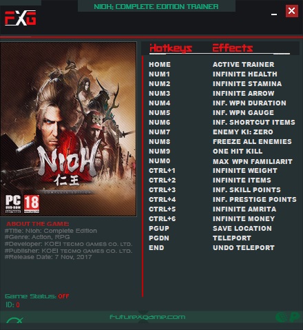 Nioh: Complete Edition v1.21.04 (64Bits) Trainer +17
